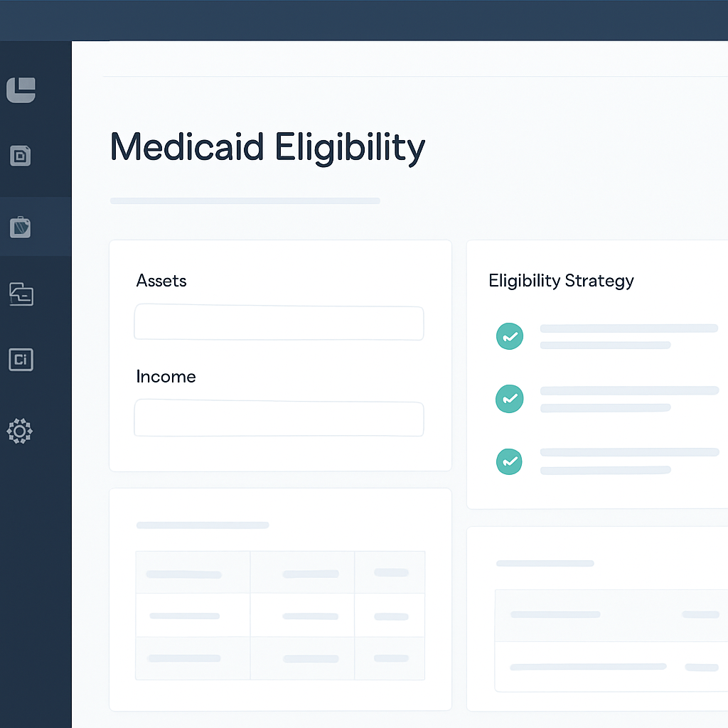 Qualicaid product interface showing a client's Medicaid eligibility case with asset and income inputs and a defensible strategy summary